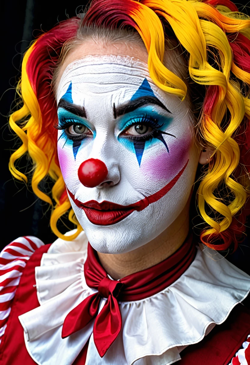 Clown makeup and makeup art is a popular theme in the carnival, clowncore, clown girl, wearing accurate Clown makeup, Clown makeup, real Clown makeup, wearing Clown makeup, realistic Clown makeup, clown face, intricate Clown makeup, portrait of a joker, creepy clown girl, Portrait of a circus performer, Buffoonish theme, Michael Horse (Unreal engine)