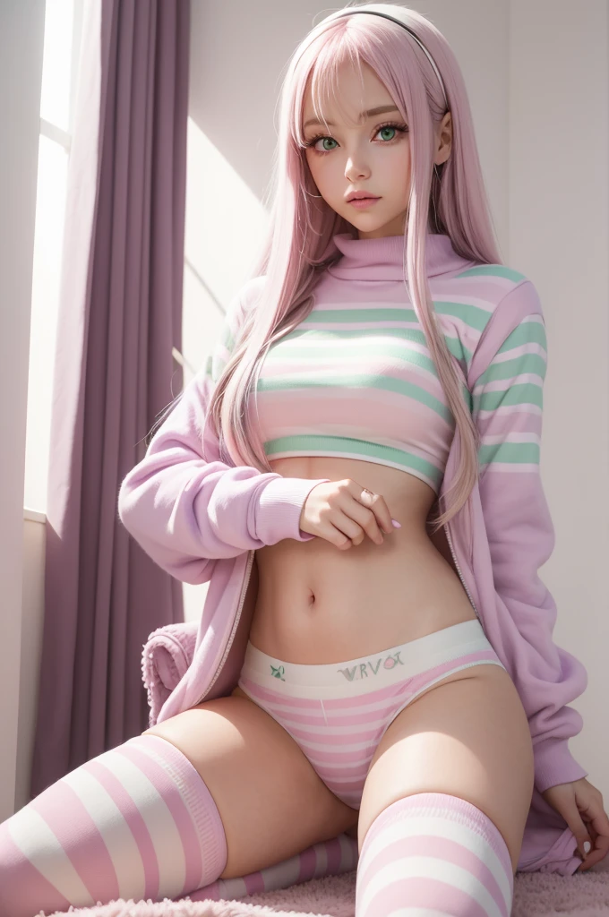A woman with long lavender hair, light green eyes, Caucasian skin, with baby pink and white striped thigh-high socks, a pink sweatshirt, witheout , Pooping, in anime style
