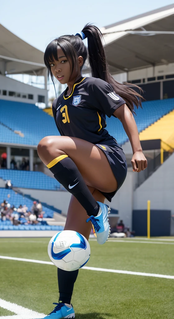 Black anime girl, black hair tied up, wearing blue soccer kit, wearing soccer boots, on the stadium, kicking ball, nike soccer kit, blue, long tied hair, gold and yellow eyes, sky blue nike soccer  kit