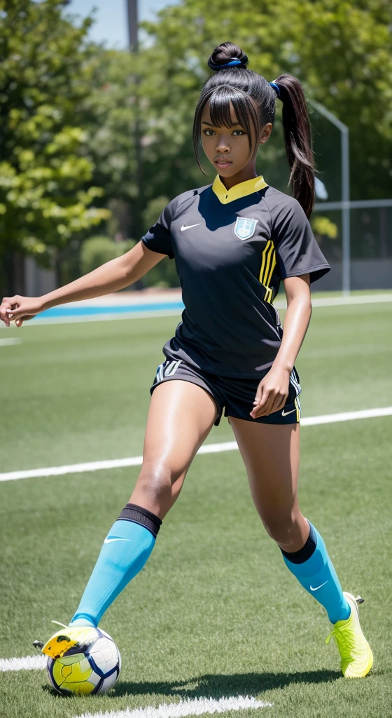 Black anime girl, black hair tied up, wearing blue soccer kit, wearing soccer boots, on the stadium, kicking ball, nike soccer kit, blue, long tied hair, gold and yellow eyes, sky blue nike soccer kit