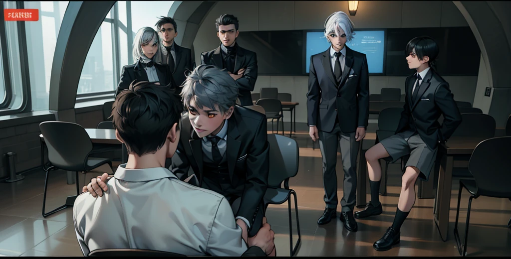 There is a boy sitting with his back turned and several young people in front of him are intimidating. They only have white hair and yellow eyes.