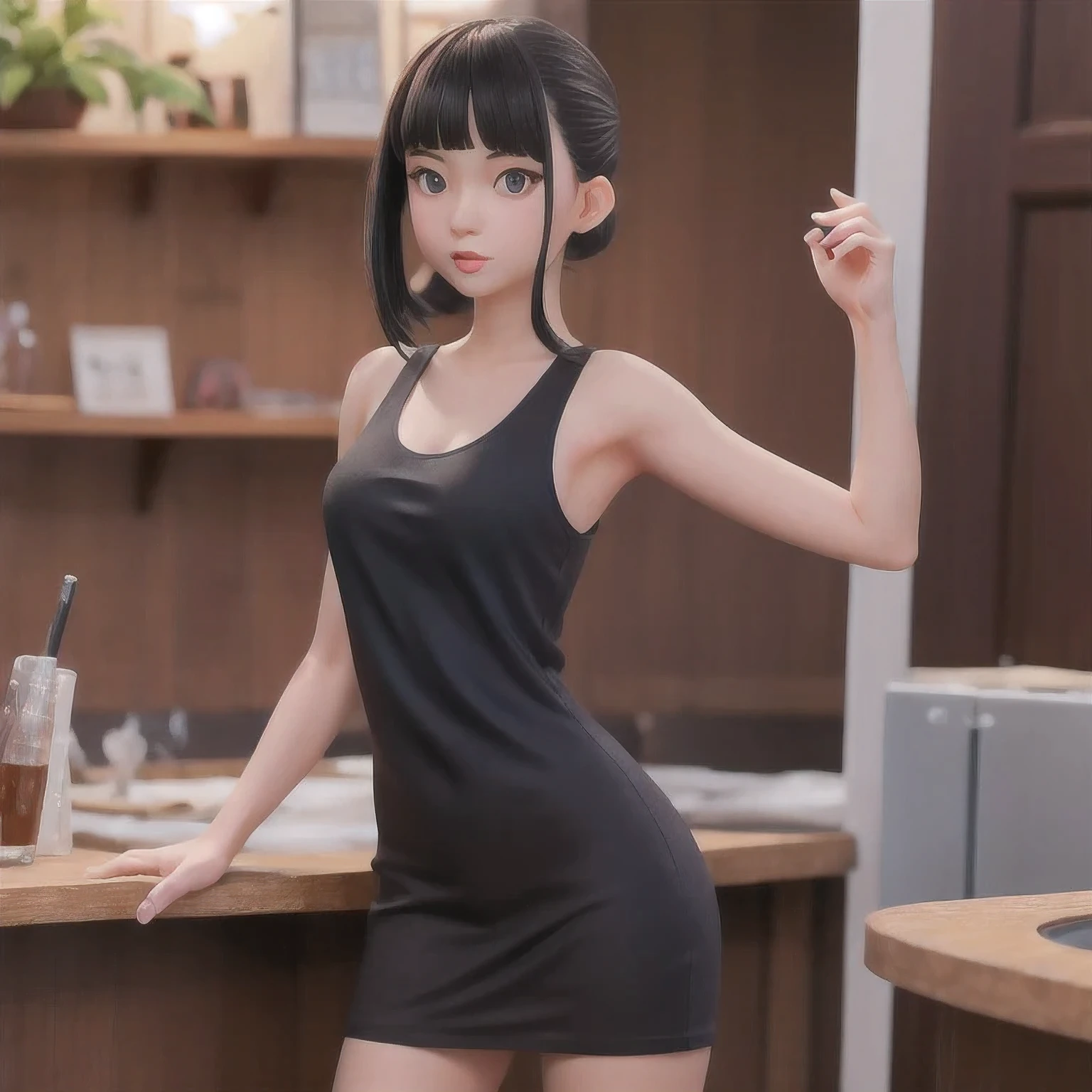 A girl in a 紫粉色 dress poses for a photo, Sleek black hair, Hair tied into a sleek low ponytail, Comb your hair back, 短Comb your hair back, She wears a black vest, 2 4-year-old female model, Very purple pink short Comb your hair back, Slicked-back hair, 19-year-old French girl, 1 girl, solo，a girl in a black dress posing for a picture, slicked black hair, hair in slick low ponytail, slicked-back hair, short slicked - back hair, she is wearing a purple tank top, 19 year old female model, very short slicked - back hair, slicked back hair, 19-year-old french girl，