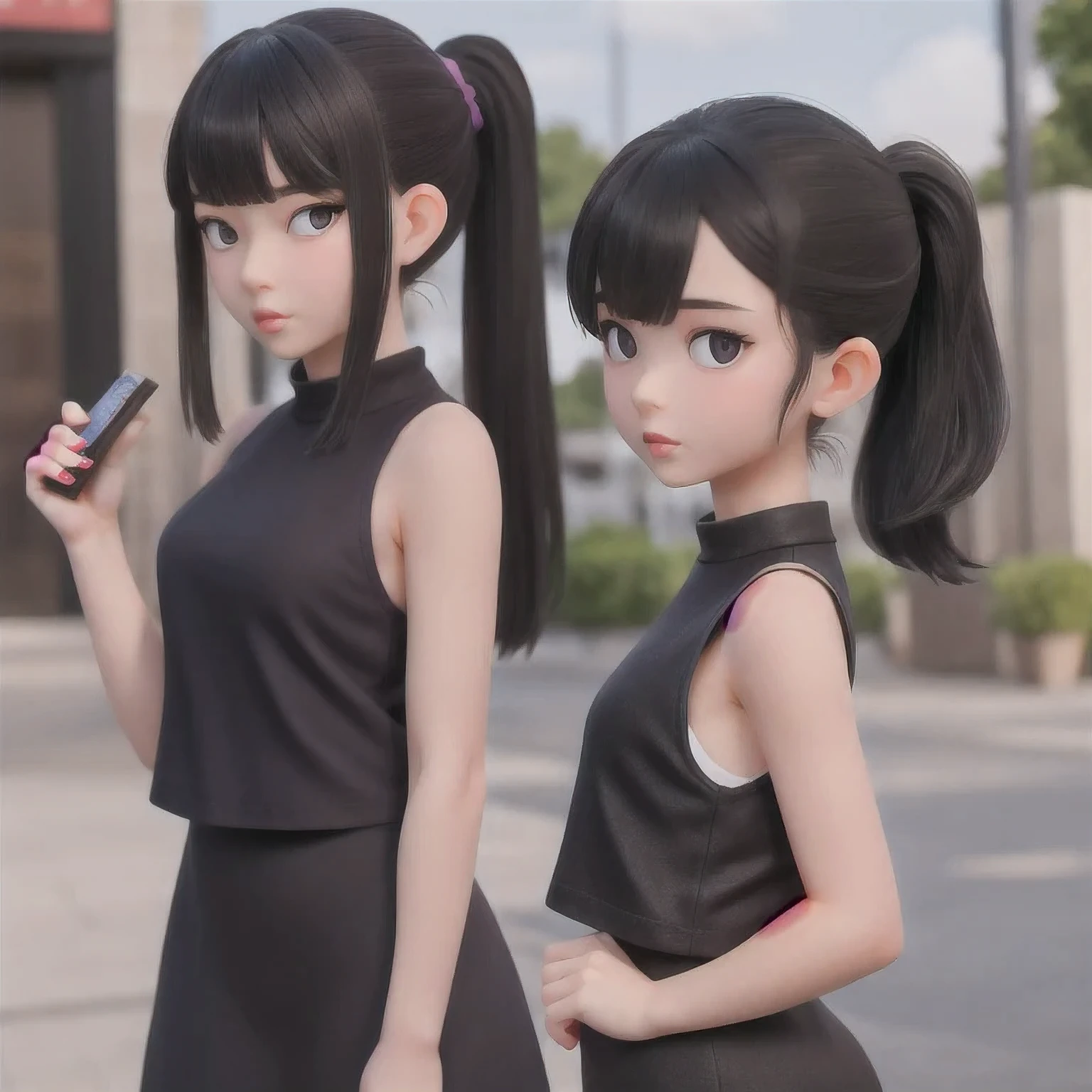 A girl in a 紫粉色 dress poses for a photo, Sleek black hair, Hair tied into a sleek low ponytail, Comb your hair back, 短Comb your hair back, She wears a black vest, 2 4-year-old female model, Very purple pink short Comb your hair back, Slicked-back hair, 19-year-old French girl, 1 girl, solo，a girl in a black dress posing for a picture, slicked black hair, hair in slick low ponytail, slicked-back hair, short slicked - back hair, she is wearing a purple tank top, 19 year old female model, very short slicked - back hair, slicked back hair, 19-year-old french girl，