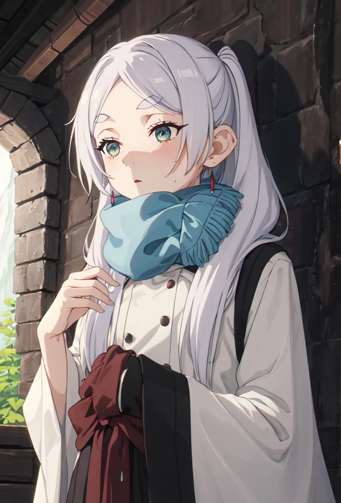 Highest quality, masterpiece, High resolution, alone, (Freezing_sousounoFreezing:1.10), One girl, Blue scarf, Fairy, jewelry, Upper Body, Mouth closed, , anime_style, 24 、Frieren is、It&#39;s raining heavily outside、Resting quietly in the cave。The view outside from the entrance of the cave、Covered by grey rain clouds、The rain is beating hard on the ground。It&#39;s dark inside the cave、The only source of light is the small lamp that Frieren carries.。

Frieren is洞穴の奥に腰を下ろし、I lean my back against the wall。Her silver hair was a little heavy with the humidity.、There are small raindrops on my forehead。Her robe is still wet、Taking a moment to rest in a dry spot inside the cave。

Next to her is、A small fire is burning with the travel gear.、The warm light gently illuminates her face.。Freiren&#39;s eyes were half closed.、He is taking a deep breath and looks tired.。In her hands、He was holding an old book he had picked up during his travels.、I am reading it quietly。

In the background、Drops of water can be seen on the walls of the cave.、The sound of running water echoes faintly from deep inside the cave.。At Freiren&#39;s feet、There are small stones and moss growing.、It blends into the cave as part of nature.。

The sound of the rain outside echoes quietly through the cave.、The sound calms Freiren&#39;s mind.。Her expression has、There is a sense of quiet peace and tranquility that makes you feel lost in thought.。Frieren is、Enjoying this moment of rest、I&#39;m mentally preparing for my next journey.。

