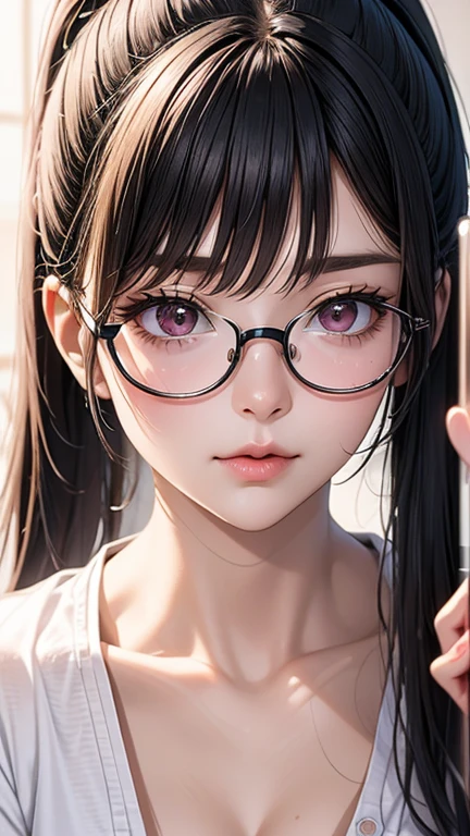 nsfw, Masterpiece, top quality, highly detailed, ((Beautiful mature woman wearing black frame glasses, long pink hair ponytail with bangs)), Black school girl uniform with red trim, red short tie ((she is putting on makeup in the mirror, look in the mirror, close-up of lips,))