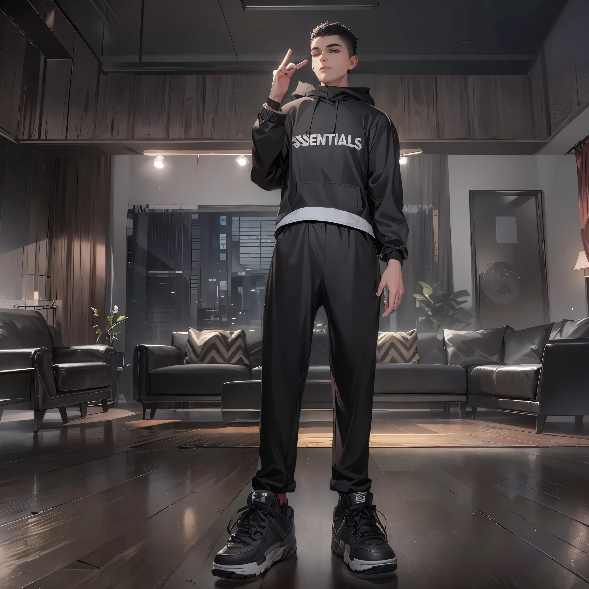 arafed man in a hoodie and sneakers standing in a living room, casual streetwear, full body shot hyperdetailed, in clothes! highly detailed, highly detailed full body, realistic clothing, casual pose, fear of god style, casual modern clothing, inspired by Jean Malouel, photorealistic full body, inspired by Aleksander Gine, casual clothing