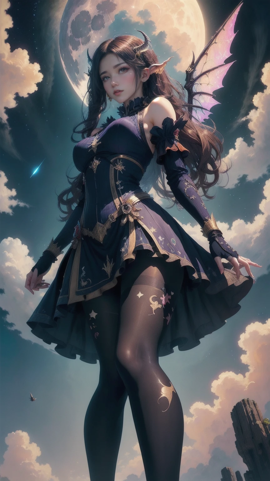 {{Magic attack stance}},Raise one arm,{{action}},from below,wide shot,{{masterpiece}}, {{{Highest quality}}},{{Very detailed}},full body, dutch angle,Dynamic composition, Female Wizard,Raise your one hand and cast the magic、mini skirt Black pantyhose Sea of stars Starry sky background,nebula