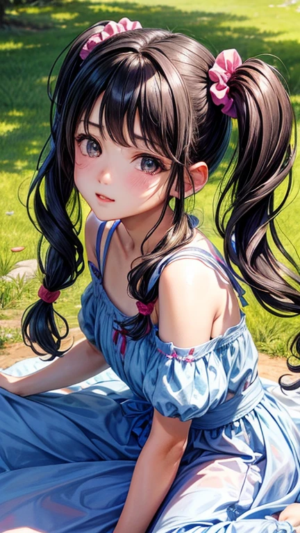 (Highest quality,masterpiece:1.3,Ultra-high resolution),(Very detailedな、Caustics) (Realistic:1.4, RAW shooting、)Ultra-Realistic Capture、Very detailed、Natural skin texture、masterpiece、(Summer Dresses:1.3)、1 Japanese girl、Adorable expression、Expressions of happiness、、Young Face、Surprisingly cute、Twin tails、Curly Hair、Black Hair、Scrunchie、light makeup、The Great Depression is about to burst、Middle school students'Favorite pose、Shining thighs、Summer sunshine、smile、An inviting gaze、Embarrassing