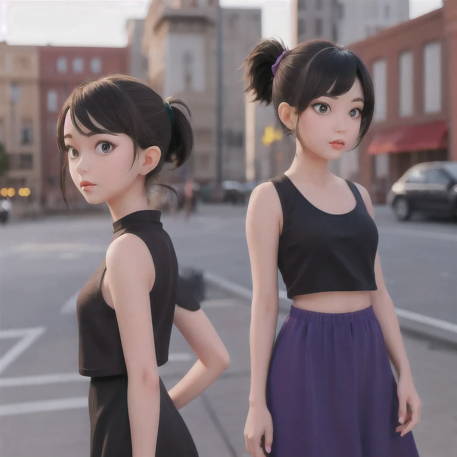 A girl in a 紫粉色 dress poses for a photo, Sleek black hair, Hair tied into a sleek low ponytail, Comb your hair back, 短Comb your hair back, She wears a black vest, 2 4-year-old female model, Very purple pink short Comb your hair back, Slicked-back hair, 19-year-old French girl, 1 girl, solo，a girl in a black dress posing for a picture, slicked black hair, hair in slick low ponytail, slicked-back hair, short slicked - back hair, she is wearing a purple tank top, 19 year old female model, very short slicked - back hair, slicked back hair, 19-year-old french girl，