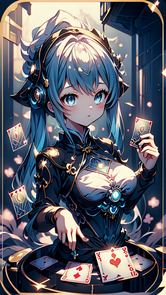 Cards，There are many cards floating in the sky，Girl holding cards，Girl holding a card，Big butt，Wide hips，Big Ass，Fantasy style，Magic Style，Sci-fi style，Sci-fi style与Magic Style，A girl holding a card with many cards floating behind her，Girl holding a card between two fingers，Girl holding cards，Correct human body structure，Correct body proportions，Girl holding a card，Girl holding cards，The girl holds a card in her hand，Street background，现代Street background，现代都市Street background，Magic Style的背景，Modern urban background，Cards floating in the sky，Cards floating in the background，Upper body close-up，Close-up above the waist，背景中有很多Cards floating in the air，Cards floating in the air，Tarot cards floating in the air