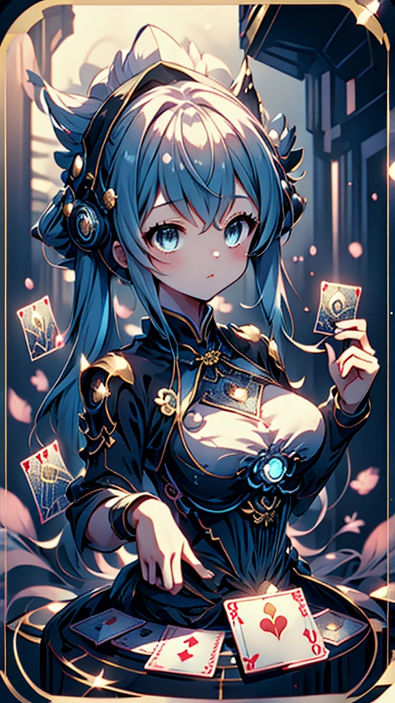 Cards，There are many cards floating in the sky，Girl holding cards，Girl holding a card，Big butt，Wide hips，Big Ass，Fantasy style，Magic Style，Sci-fi style，Sci-fi style与Magic Style，A girl holding a card with many cards floating behind her，Girl holding a card between two fingers，Girl holding cards，Correct human body structure，Correct body proportions，Girl holding a card，Girl holding cards，The girl holds a card in her hand，Street background，现代Street background，现代都市Street background，Magic Style的背景，Modern urban background，Cards floating in the sky，Cards floating in the background，Upper body close-up，Close-up above the waist，背景中有很多Cards floating in the air，Cards floating in the air，Tarot cards floating in the air