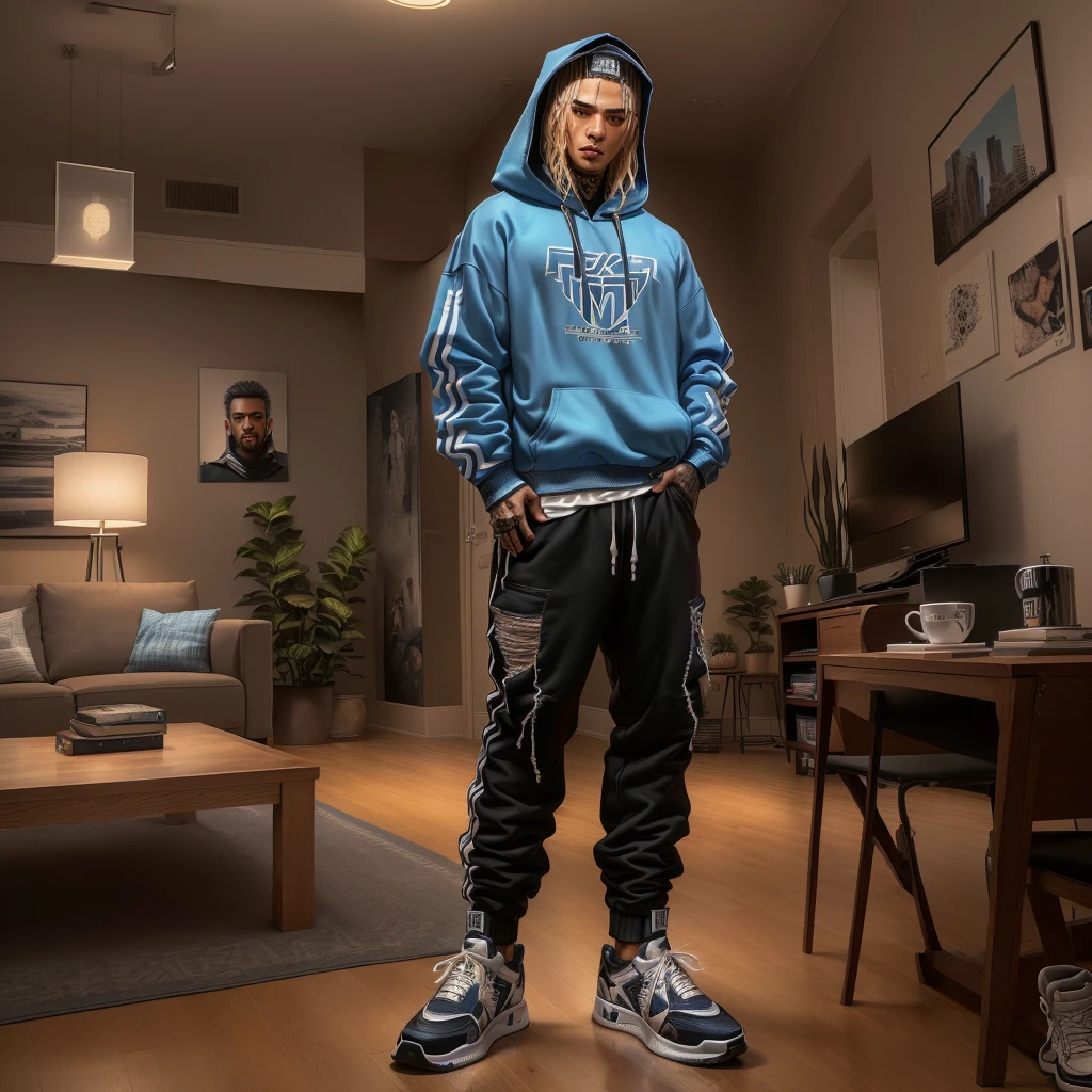 arafed man in a hoodie and sneakers standing in a living room, casual streetwear, full body shot hyperdetailed, in clothes! highly detailed, highly detailed full body, realistic clothing, casual pose, fear of god style, casual modern clothing, inspired by Jean Malouel, photorealistic full body, inspired by Aleksander Gine, casual clothing