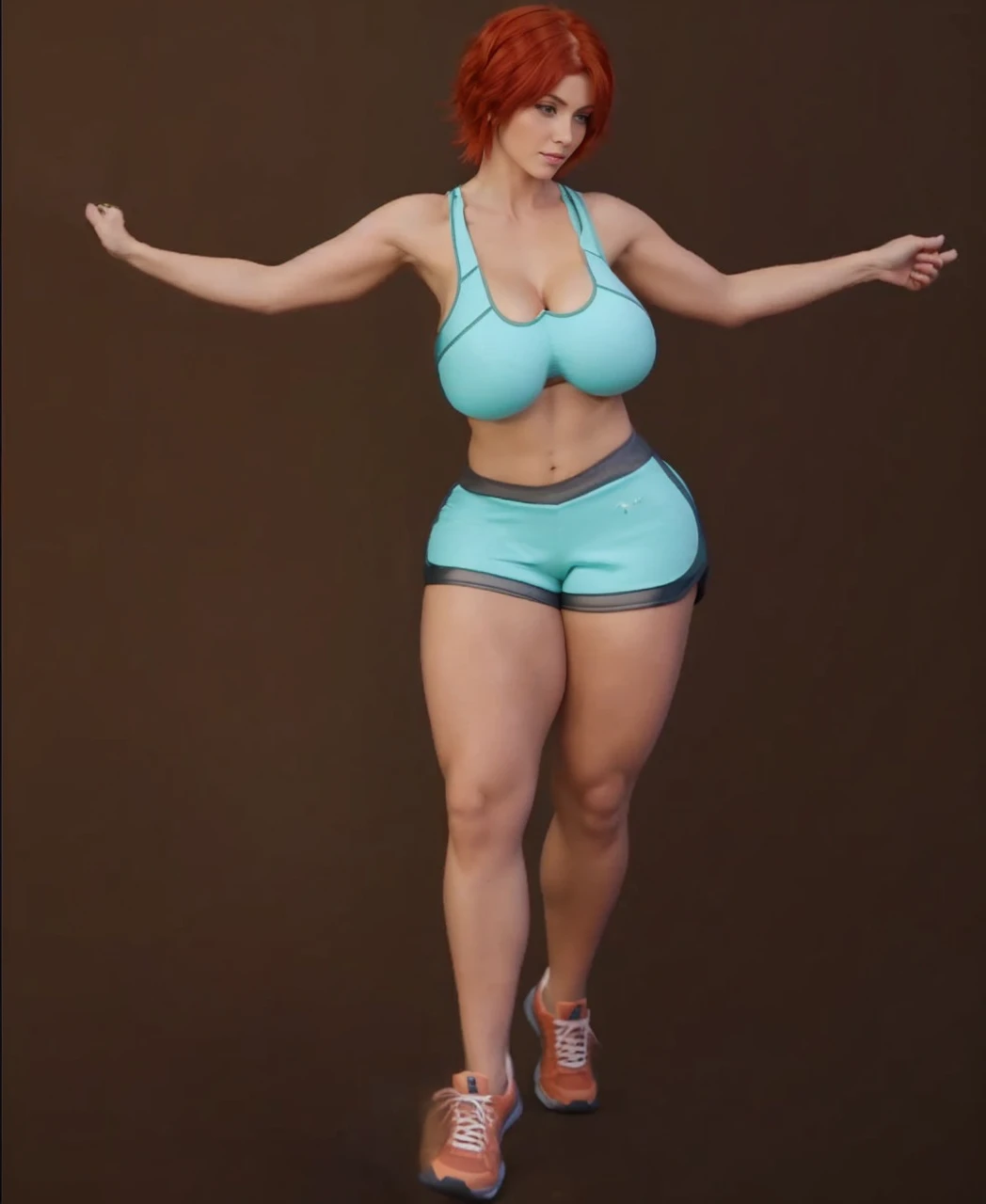 1woman ((short red haired)) ((workout top cleavage 1. 2)) ((thick body)) 