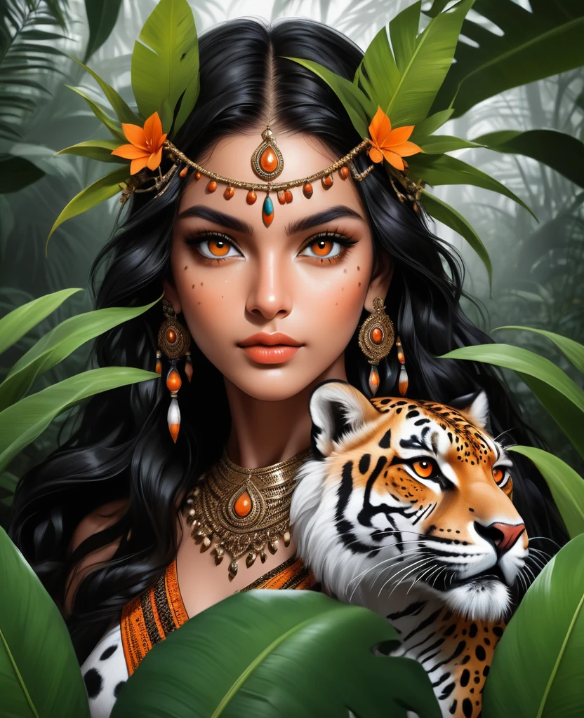 Lush plants,Beautiful Indian girl in Indian costume poses with ferocious cheetah in the jungle, Deep orange eyes, black and white, black background, (best quality,4K,8K,high resolution,masterpiece:1.2),Extremely detailed,(Practical,photoPractical,photo-Practical:1.37),Highly detailed animal portraits, Dramatic Lighting, Powerful predator, Intense expression, Fascinating eyes, Smooth spotted fur, muscular, Low angle shot, Close-up view, Minimalist composition, High contrast water drops on leaves