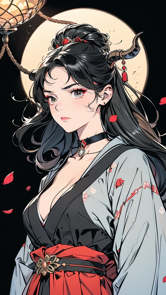 Seven Rhaeyar (Deylta), Ancient Star goddess, Perfect female  (Royalty, Adult Female, 166cm in height, Cool pale skin, slim, slender, 34D  size, Long Jet Black Hair, Gray Colored Iris , a set of Jet black colored horns on her head), Neutral  expression, Elegant black uniform dress, female choker accessory with silver complimentary jewelry, dragon motifs, Black rope accessories, Simple Black Background, receiving light from the front, Slightly focusing on her face up close, Ethereal glow, Red Rose petals falling, Japanese inspired