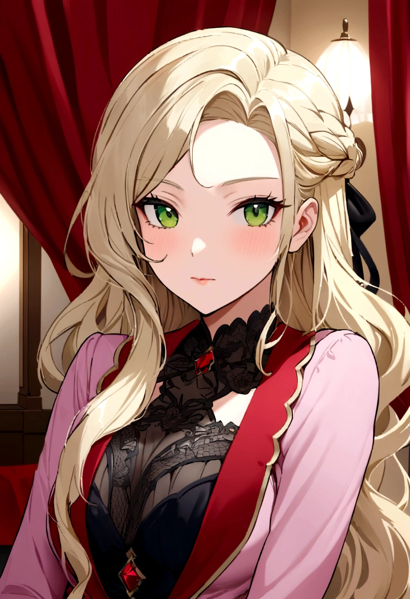 belle blonde vêtue d&#39;un pyjama en soirée yeux bleus rouges et noirs femme magnifiques cheveux tressés