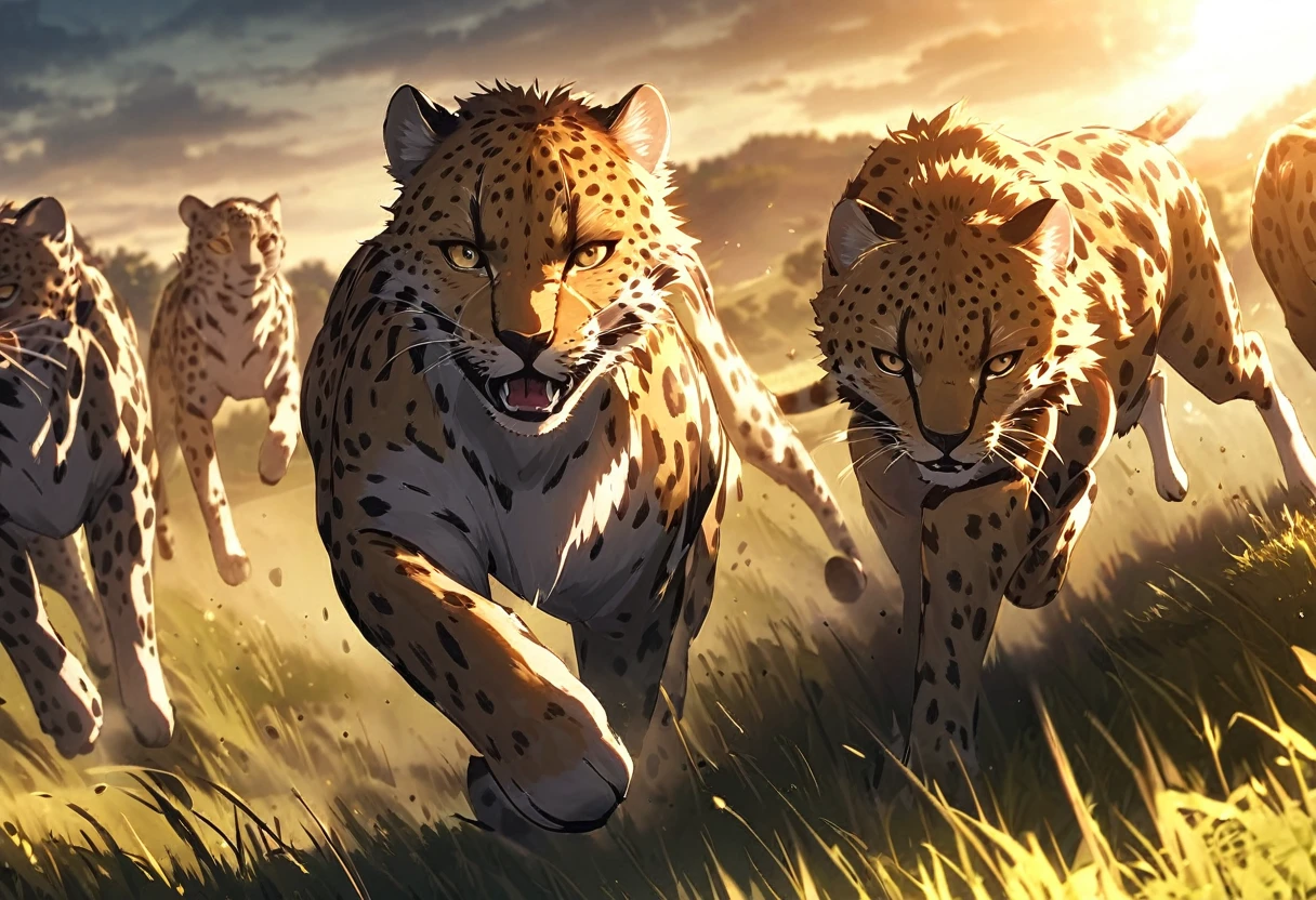 (Cheetah), grassland, Run, speed, grace, wild, fast, nature, Predator, Brilliant, Chasing prey, muscle, Powerful, Light of the sun,

広大なgrasslandを背景に、Cheetahが全速力で走っている姿を捕らえた画像。Cheetahのmuscleの動きとその速さを強調し、natureの光がCheetahを照らしている。