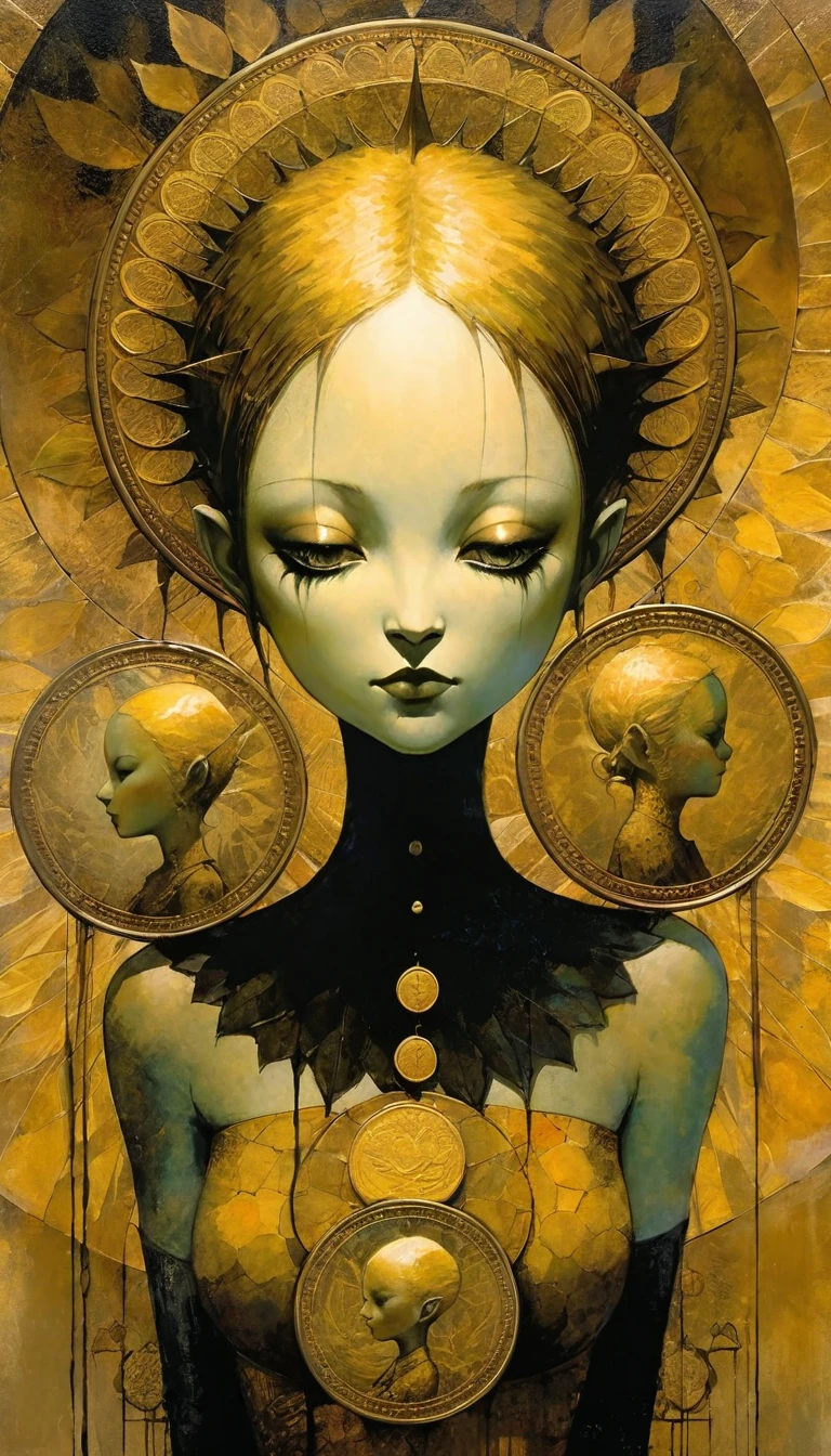 charity-generosity-sharing-exercising power, 6 gold coins in the scene (Dave Mckean inspired art, intricate details, oil painting)
