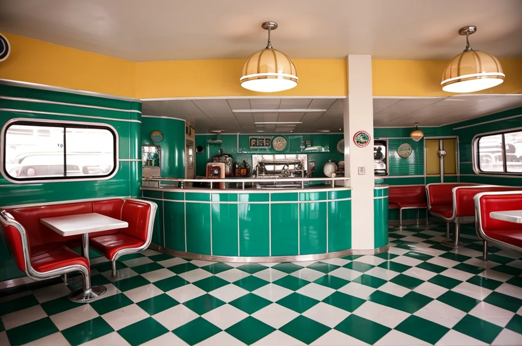 close-up of a restaurant with checkered floor and emerald counter, 5 0's diner, decor 1 9 5 0 h, in a classic 5 0 s diner, in classic diner, at a 5 0 s diner, diner, Googie's Kitsch Aesthetics, diner caffee, diner background, retro 50s style, diner scene, 5 0 s Aesthetics bright colors pastel