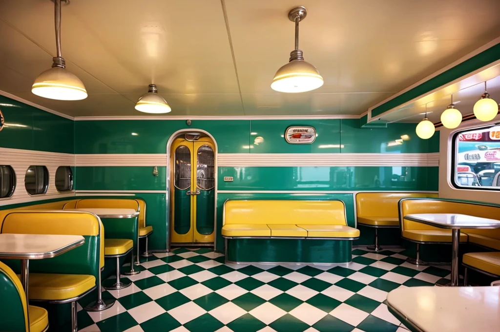 close-up of a restaurant with checkered floor and emerald counter, 5 0's diner, decor 1 9 5 0 h, in a classic 5 0 s diner, in classic diner, at a 5 0 s diner, diner, Googie's Kitsch Aesthetics, diner caffee, diner background, retro 50s style, diner scene, 5 0 s Aesthetics bright colors pastel