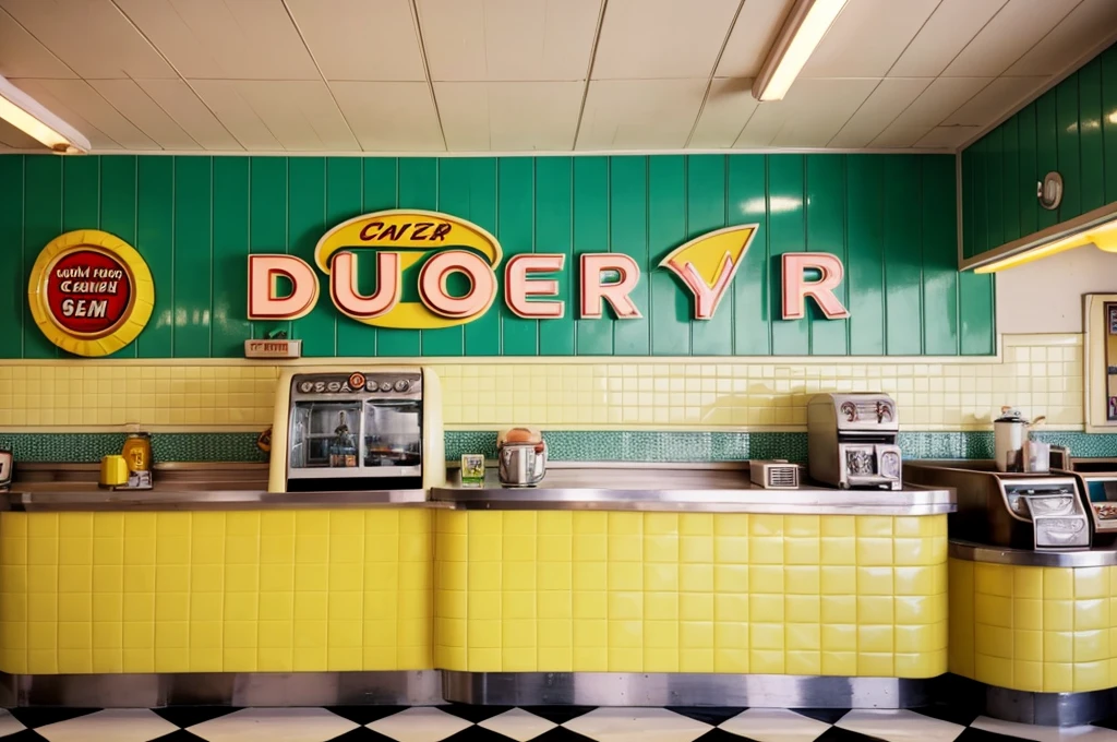 close-up of a restaurant with checkered floor and emerald counter, 5 0's diner, decor 1 9 5 0 h, in a classic 5 0 s diner, in classic diner, at a 5 0 s diner, diner, Googie's Kitsch Aesthetics, diner caffee, diner background, retro 50s style, diner scene, 5 0 s Aesthetics bright colors pastel