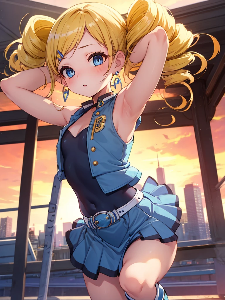 ppgzbb, blue eyes, Blonde, Twin Drill, Hair Clip, Earrings, Best, Blue leotard，Blue Skirt, Short skirt, boots, Are standing, Cowboy Shot, (Pose in front, Squat，Place your hands behind your head.)，Straight, 