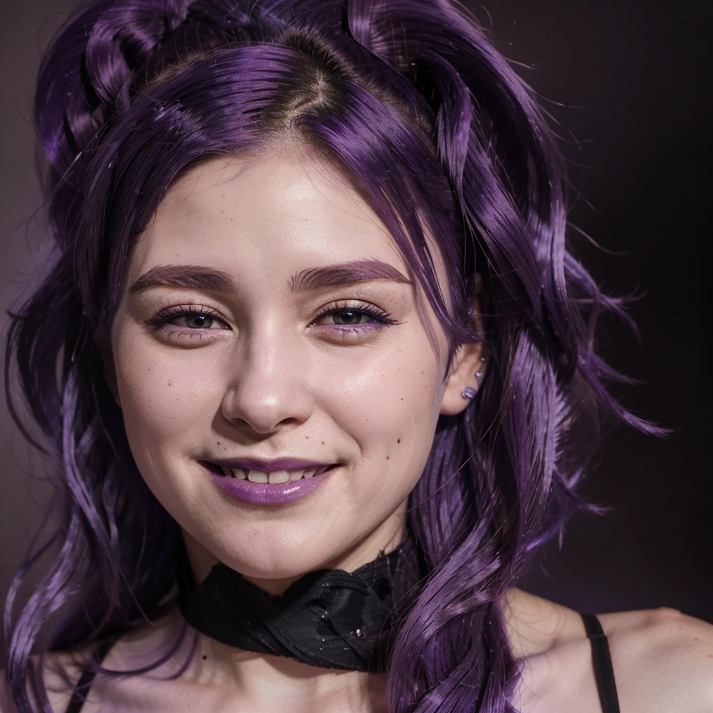 (((Venus Hum))) (((Purple hair))) close-up photo of a woman, smiling, night city background, photo realistic, 8k