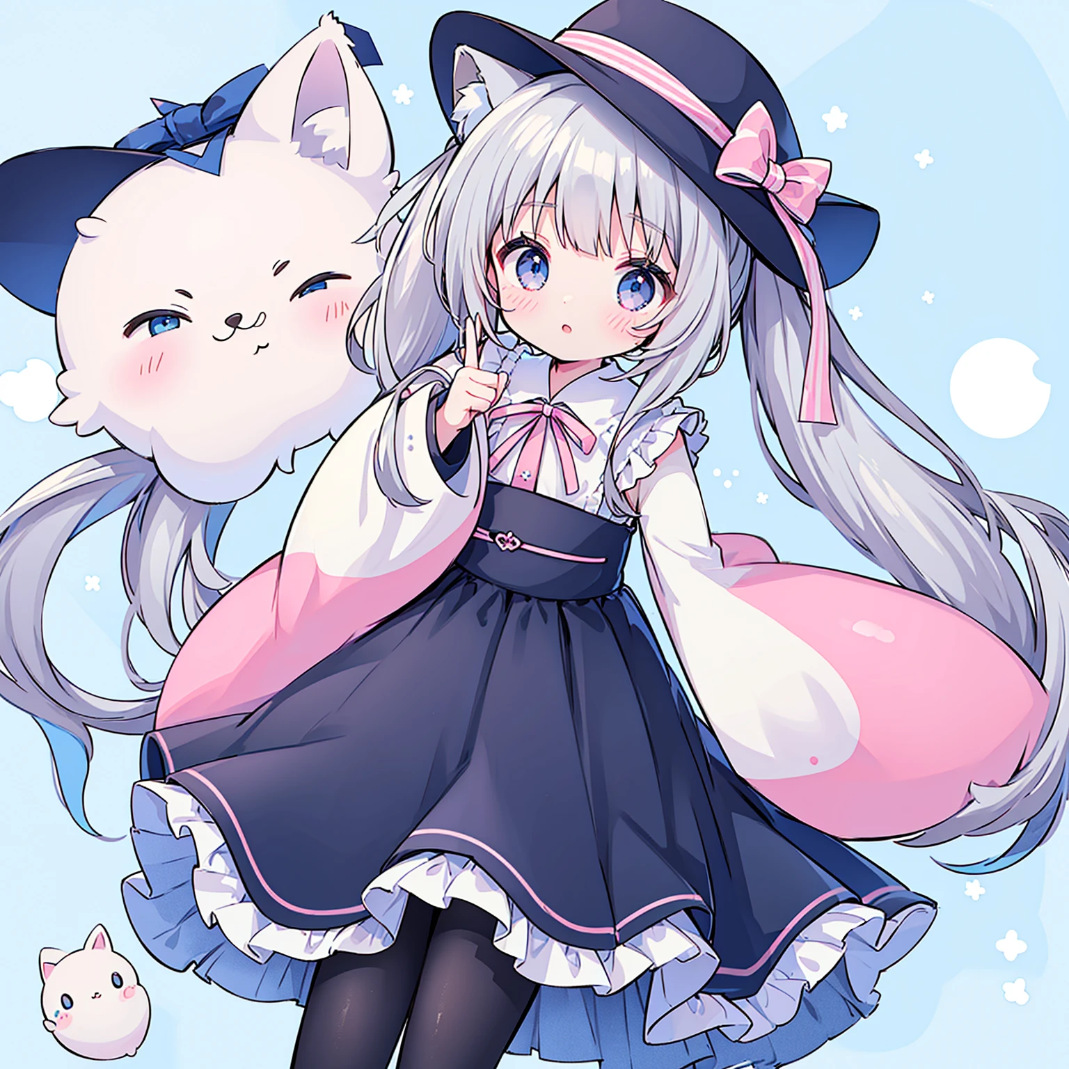female、独奏, whole body, light blue eyes、mary jane shoes, pose for a photo.，long hair、twintail hair，shy，blush，Hot，masterpiece、Best image quality、top quality, wizard hat、long hair，fox ears，gray hair，(black pantyhose)，blue eyes、exquisite eyes、Beautiful girl、Chubby cheeks、cute 드레스、puffy sleeves、Ruffled skirt、pink ribbon、cute、change, Magic Wand,