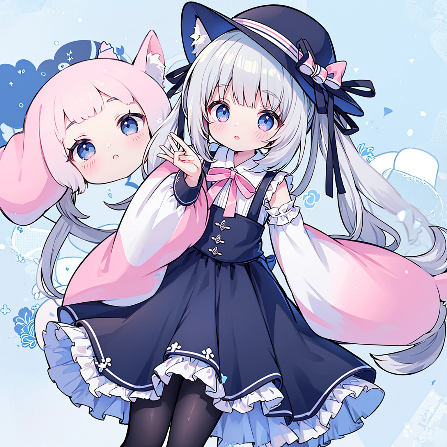 female、独奏, whole body, light blue eyes、mary jane shoes, pose for a photo.,long hair、twintail hair,shy,blush,Hot,masterpiece、Best image quality、top quality, wizard hat、long hair,fox ears,gray hair,(black pantyhose),blue eyes、exquisite eyes、Beautiful girl、Chubby cheeks、cute 드레스、puffy sleeves、Ruffled skirt、pink ribbon、cute、change, Magic Wand,