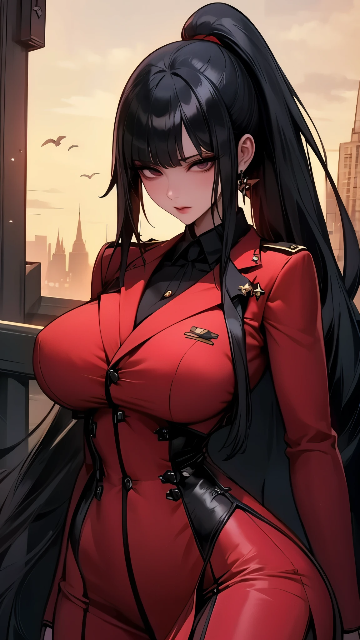 Lin Wei, a beautiful human-hybrid with striking black eyes and long black hair tied in a high ponytail, stands confidently. She looks directly at the camera with a determined and intelligent gaze. Her military uniform fits perfectly, highlighting her strong yet feminine physique. Her presence exudes strength, grace, and leadership. The background suggests a futuristic starship setting, adding to her commanding and powerful aura.