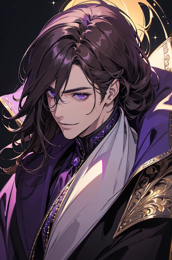 {(Best Quality, 8k, Masterpiece, HDR, soft lighting, Perfect picture, digital illustration, Manga art, Hyper detailed image, perfect lines, realist)} 1 very handsome man, short dark blonde hair, violet eyes, luxurious clothing (imposing posture, smiling), {(black background with purple sparkles)}