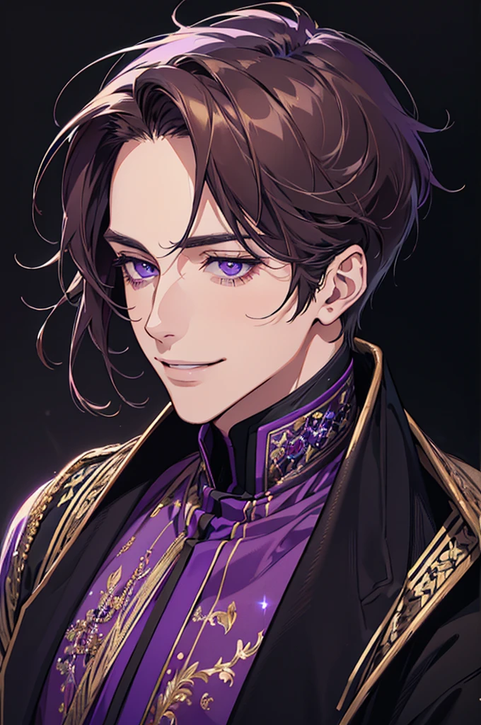 {(Best Quality, 8k, Masterpiece, HDR, soft lighting, Perfect picture, digital illustration, Manga art, Hyper detailed image, perfect lines, realist)} 1 very handsome man, short dark blonde hair, violet eyes, luxurious clothing (imposing posture, smiling), {(black background with purple sparkles)}