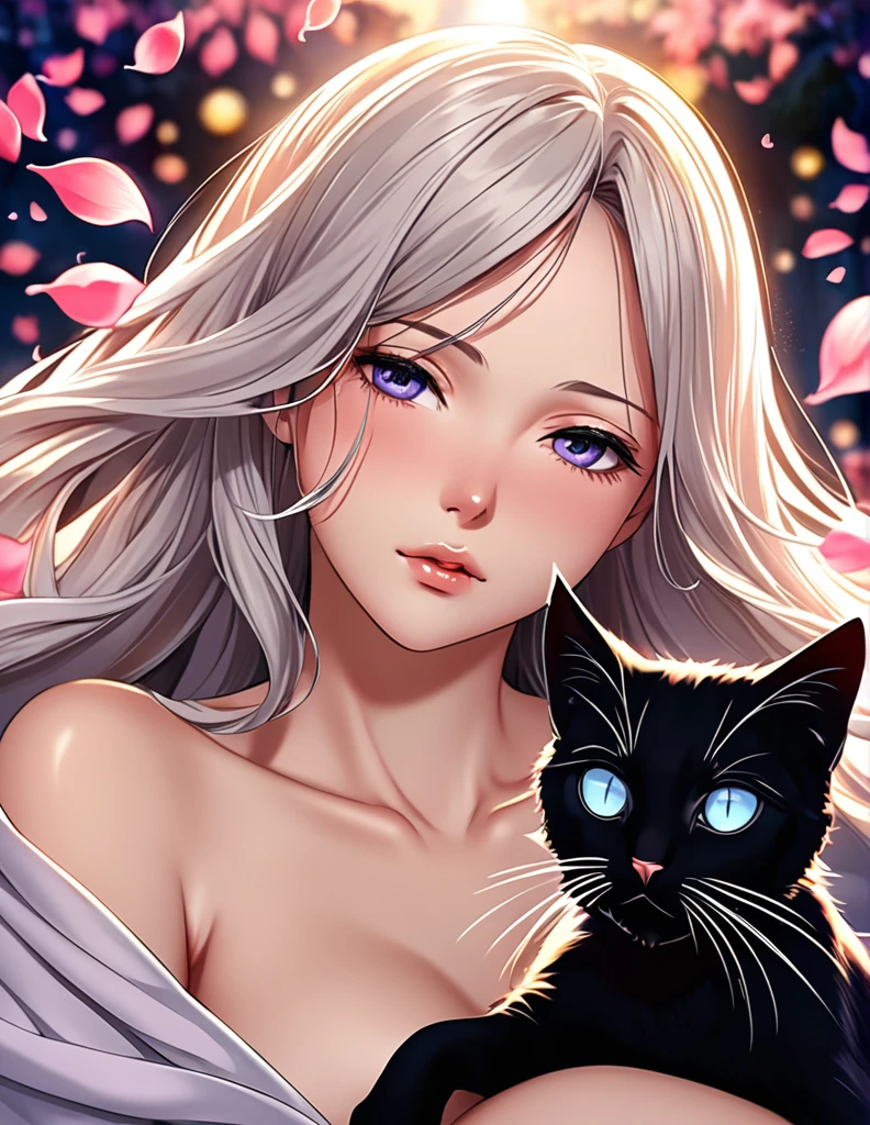 (Harem Manga style:1.2) , Hallucination, daydream , nightmare , Insane Dream , bokeh , erotica , romance , girl and realistic cat , Petals fluttering down , (Single eyelids, round nose, swollen cheeks) , glossy lips , Collarbone , Hair blowing in the wind , Goddess of lust , (hide private parts by cats) , (close up cat:1.1)