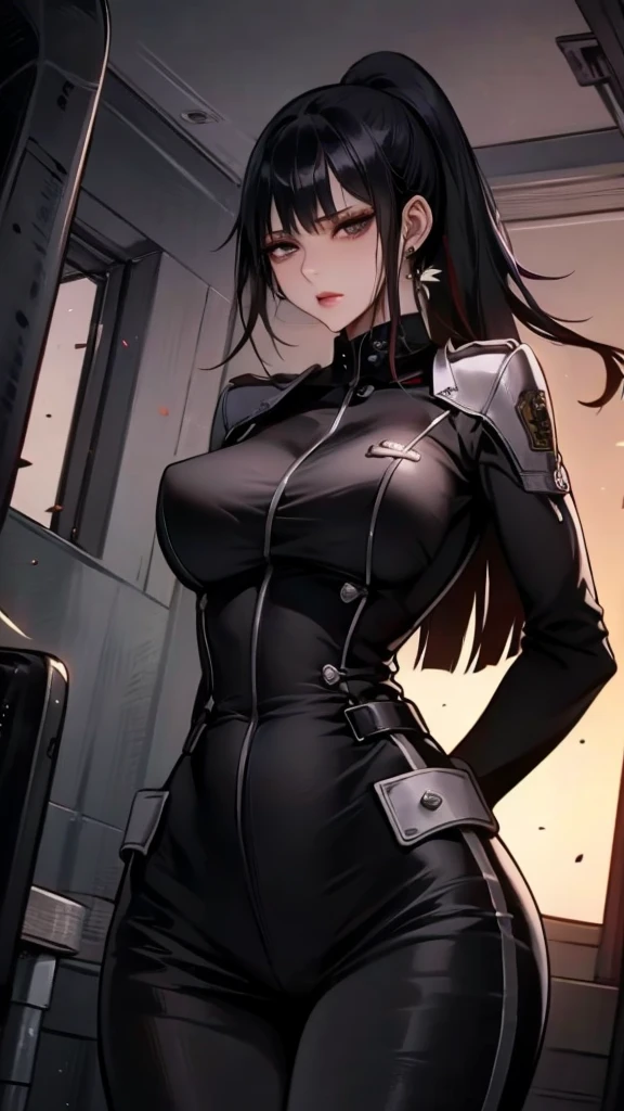 Lin Wei, a beautiful human-hybrid with striking black eyes and long black hair tied in a high ponytail, stands confidently. She looks directly at the camera with a determined and intelligent gaze. Her military uniform fits perfectly, highlighting her strong yet feminine physique. Her presence exudes strength, grace, and leadership. The background suggests a futuristic starship setting, adding to her commanding and powerful aura.