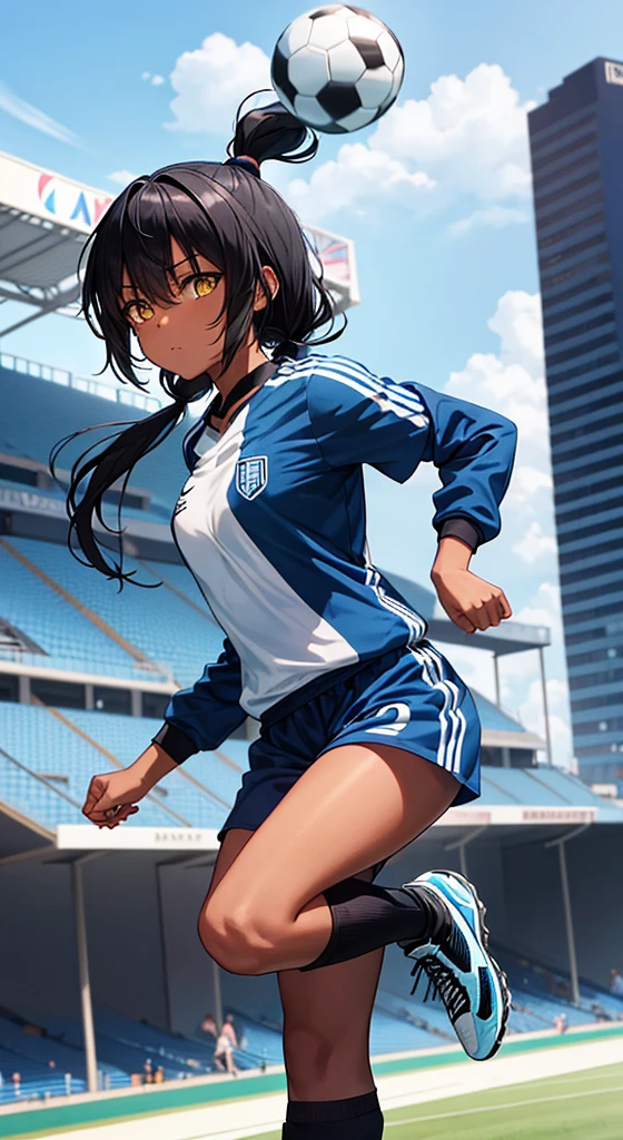 Black anime girl, black hair tied up, wearing blue soccer kit, wearing soccer boots, on the stadium, kicking ball, nike soccer kit, blue, long tied hair