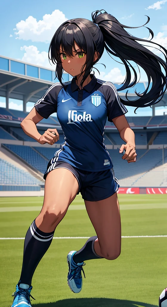 Black anime girl, black hair tied up, wearing blue soccer kit, wearing soccer boots, on the stadium, kicking ball, nike soccer kit, blue, long tied hair