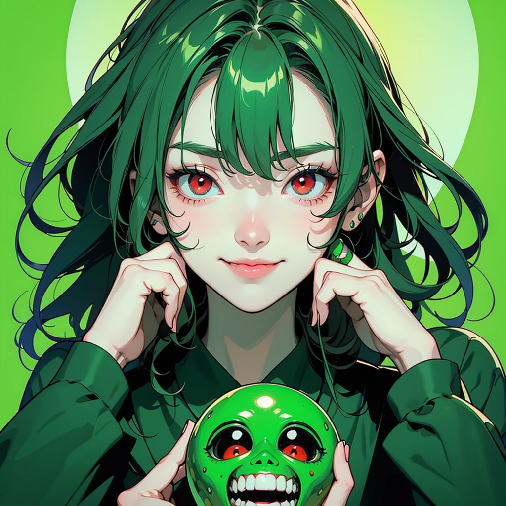 girl, holding a jar with many pharmaceutical pills, slight smile, red eyes, green skin, green image background and green image mask, madness and psychedelic image, various factors of madness and scrizophenia