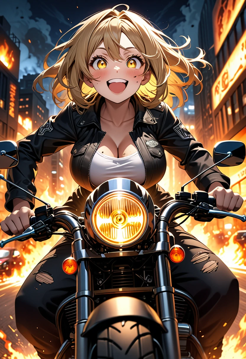 Golden hair, golden eyes with black pupils, woman, cruiser motorcycle, big chest, motorcycle goggles, happy, big smile, dirty, burning city at night, apocalypse, tattered black streetwear, speeding, highly detailed, perfect eyes, well defined eyes, highly detailed eyes, expressive eyes