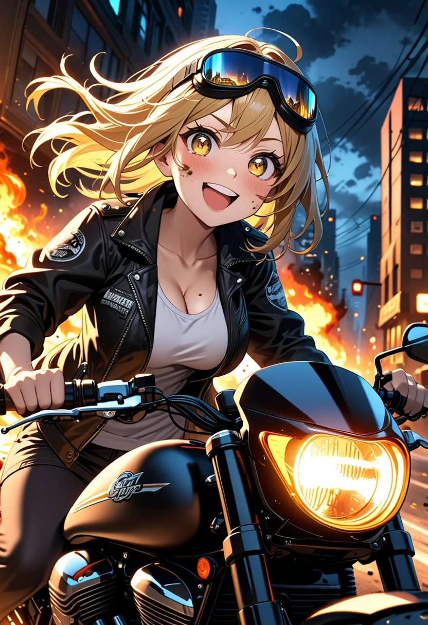 Golden hair, golden eyes with black pupils, woman, cruiser motorcycle, big chest, motorcycle goggles, happy, big smile, dirty, burning city at night, zombie apocalypse, tattered black streetwear, speeding, highly detailed, perfect eyes, well defined eyes, highly detailed eyes, expressive eyes, best quality