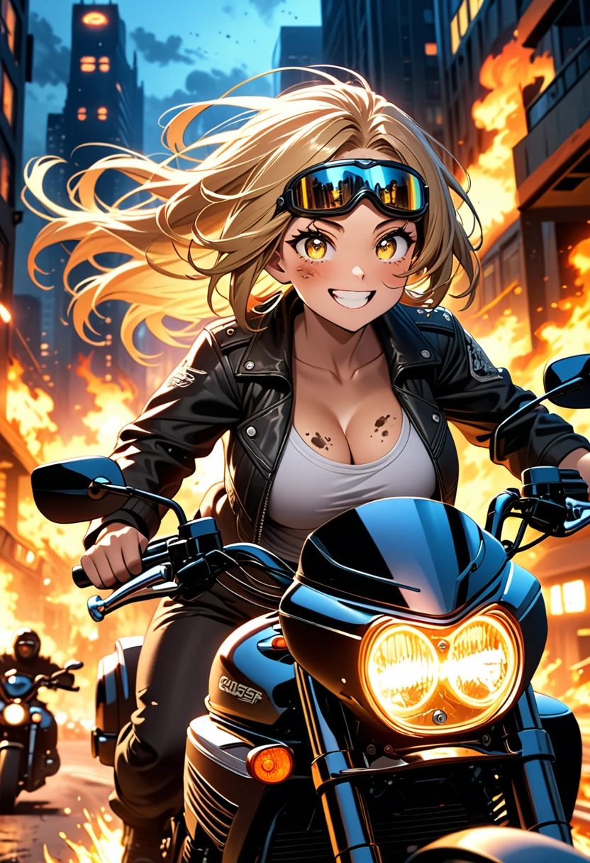 Golden hair, golden eyes with black pupils, woman, cruiser motorcycle, big chest, motorcycle goggles, happy, big smile, dirty, burning city at night, apocalypse, tattered black streetwear, speeding, highly detailed, perfect eyes, well defined eyes, highly detailed eyes, expressive eyes