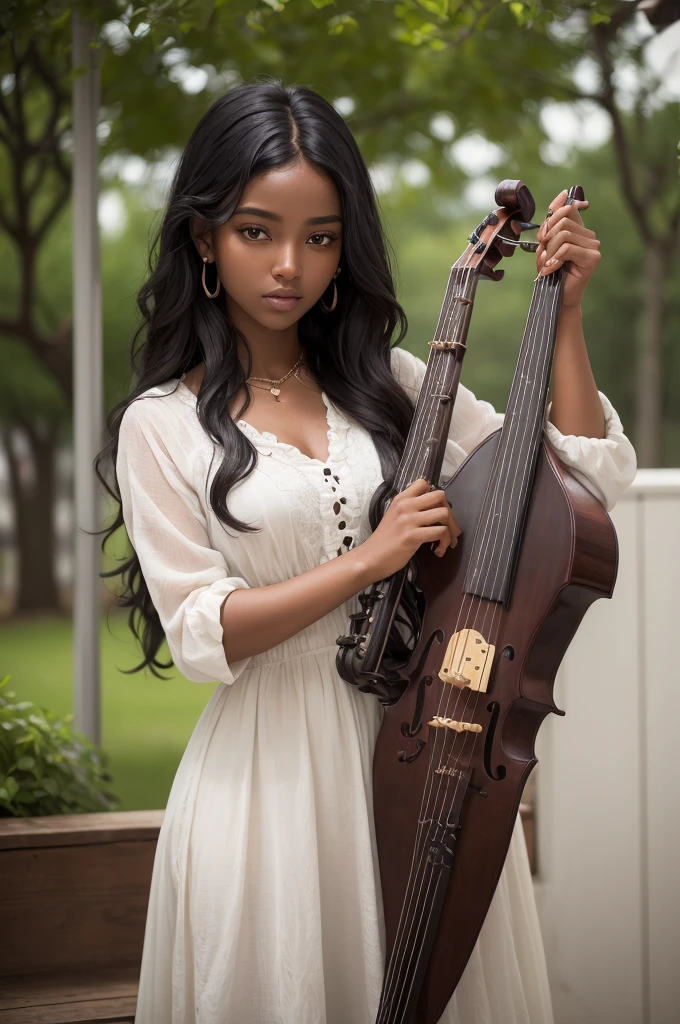 ((best qualityer)), ((work of art)), (detailded),  a goddess of love, with wavy black hair, dark skin and brown eyes, holding an aleude, she is suspended playing the instrument that emits musical notes in a beautiful environment