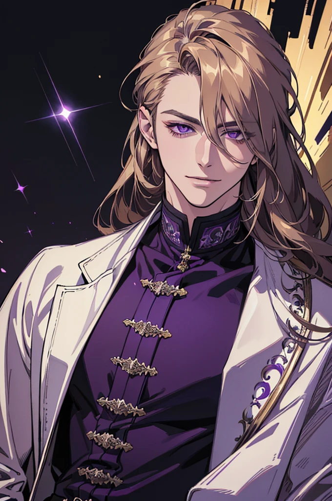 {(Best Quality, 8k, Masterpiece, HDR, soft lighting, Perfect picture, digital illustration, Manga art, Hyper detailed image, perfect lines, realist)} 1 very handsome man, dark blonde hair, violet eyes, luxurious clothing (imposing posture, smiling), {(black background with purple sparkles)}