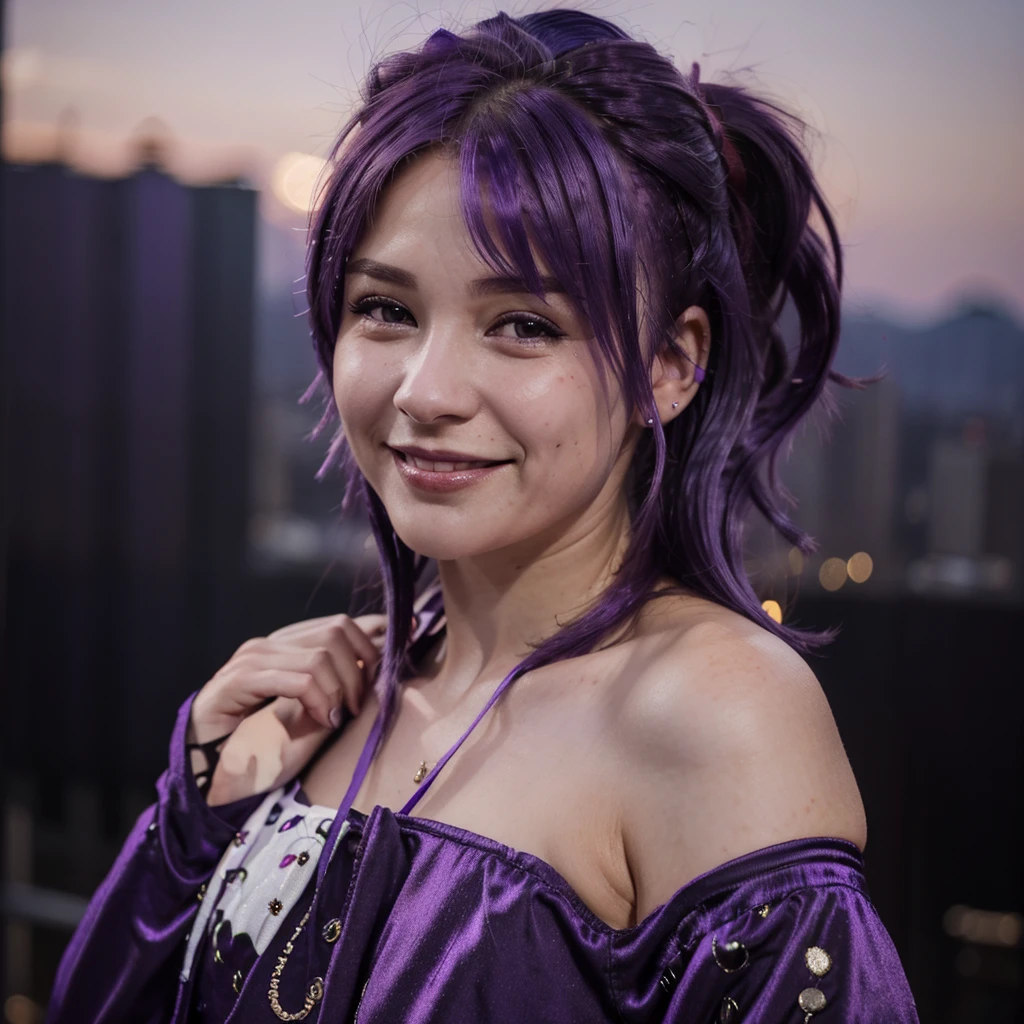 (((Venus Hum))) (((Purple hair))) close-up photo of a woman, smiling, night city background, photo realistic, 8k