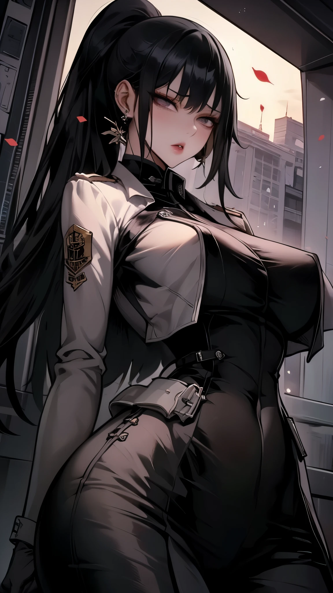 Lin Wei, a beautiful human-hybrid with striking black eyes and long black hair tied in a high ponytail, stands confidently. She looks directly at the camera with a determined and intelligent gaze. Her military uniform fits perfectly, highlighting her strong yet feminine physique. Her presence exudes strength, grace, and leadership. The background suggests a futuristic starship setting, adding to her commanding and powerful aura.