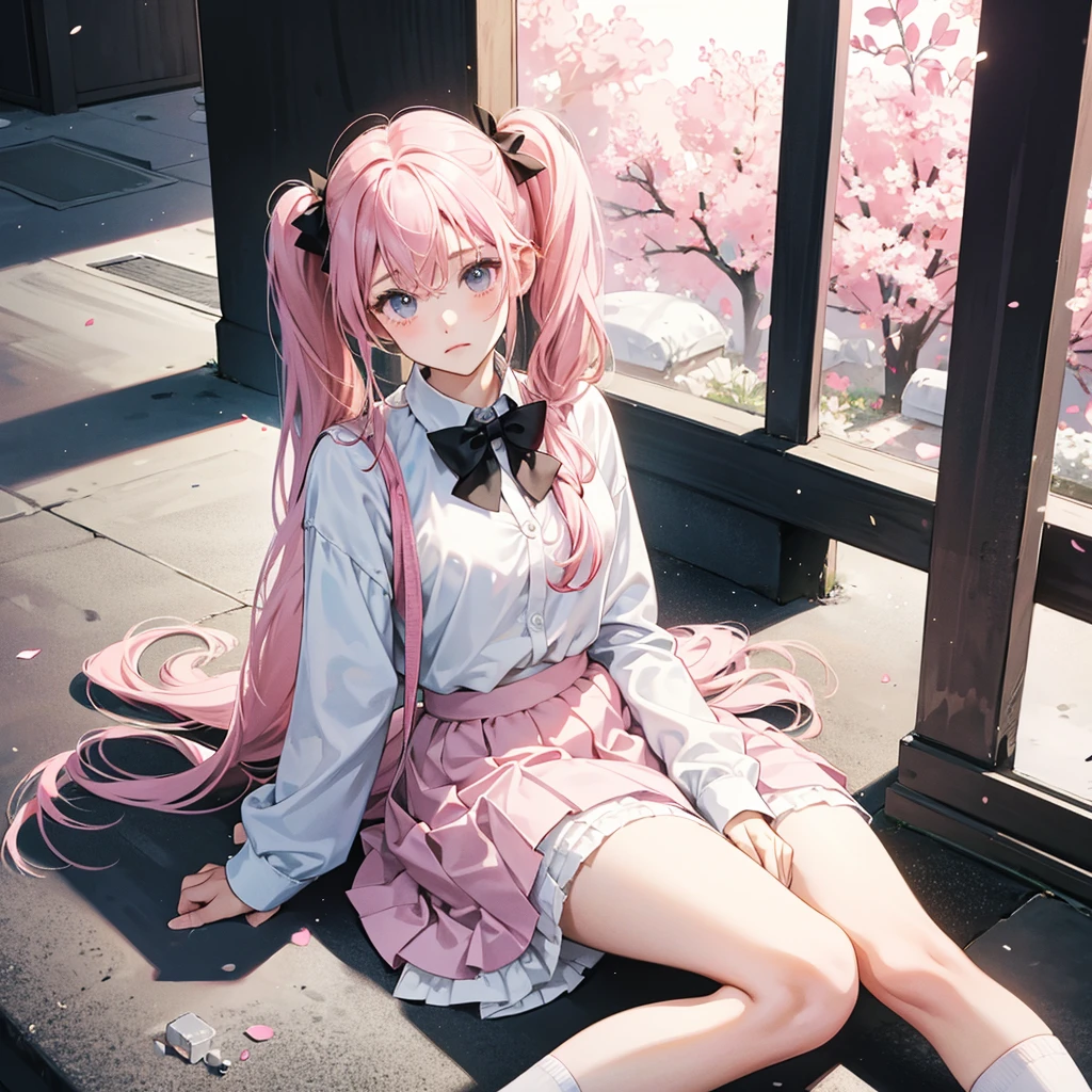 1girl, solo, pink hair, two pigtails, long pigtails, white shirt, pink skirt, white stockings, black school shoes, quiet, cold face