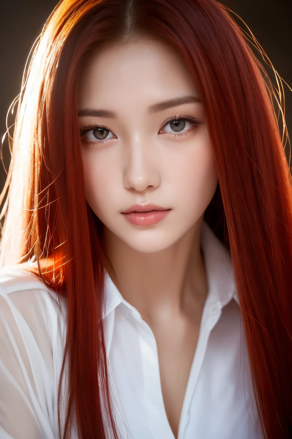 ((Close-up portrait)), (RAW Photos), A stunning portrait of a beautiful space queen, Sunburned skin, Sitting on the heavenly throne, ((Gorgeous long straight red hair:1.1)),1 Girl,Huge breasts,short hair,Beautiful older sister,28 years old,Close-fitting clothing,White shirt,Closing the shirt,Wet,Shiny skin,sexy,erotic