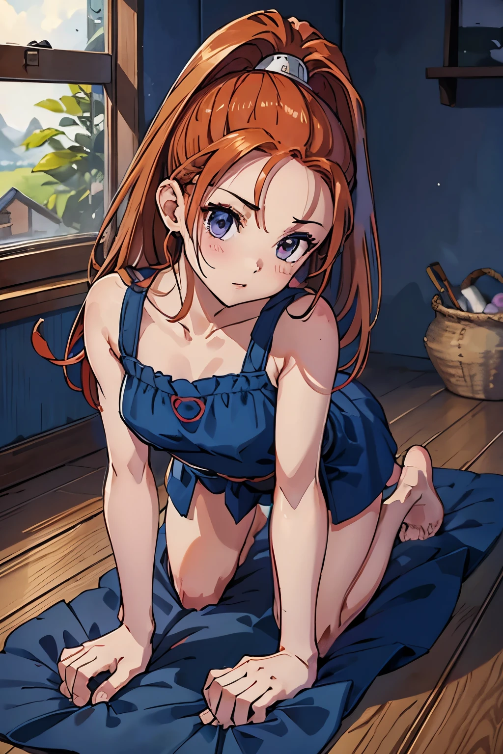 High resolution、Highest quality、Small build、Small shoulders、White skin、Long Hair、thin、dq6barbara、high ponytail、 Redhead、Navy Blue Dress、Wide open slit、blush、thin太もも、((No underwear、Naked from the waist up、Lying on the ground、Lying on the ground、all fours、side))、Daytime steppe