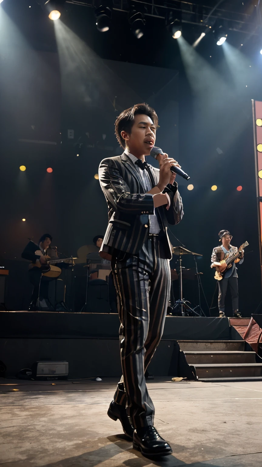 in year of 1948. a group musician, 6 person, Malay man () performing on a stage, singer in the center. They are wearing stripe 1940's fashion suits. ((wide angle)) can see full stage. backdrop of stage written ' KARNIVAL PERTANIAN BUKIT MERTAJAM'. kodak color film look, hyper realistic