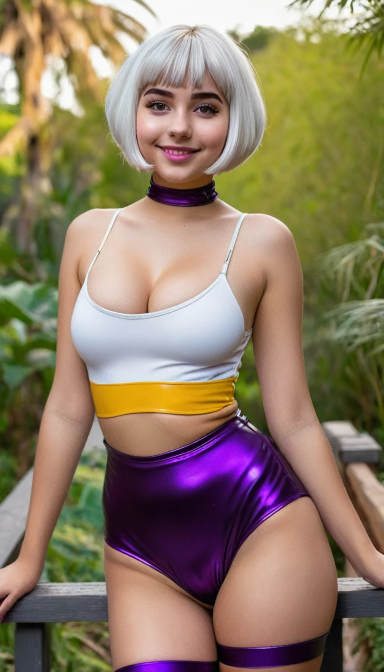 ultrarealistic high quality full body photo of a beautiful busty slim european 18-year-old woman with cute hyperdetailed shy face and dyed white bob cut hair and shy smile , realistic round hazel eyes, natural lips, dark eye makeup with eyeliner, wearing latex dora the explorer cosplay outfit, hourglass body, outdoor photography, tanned, nsfw
