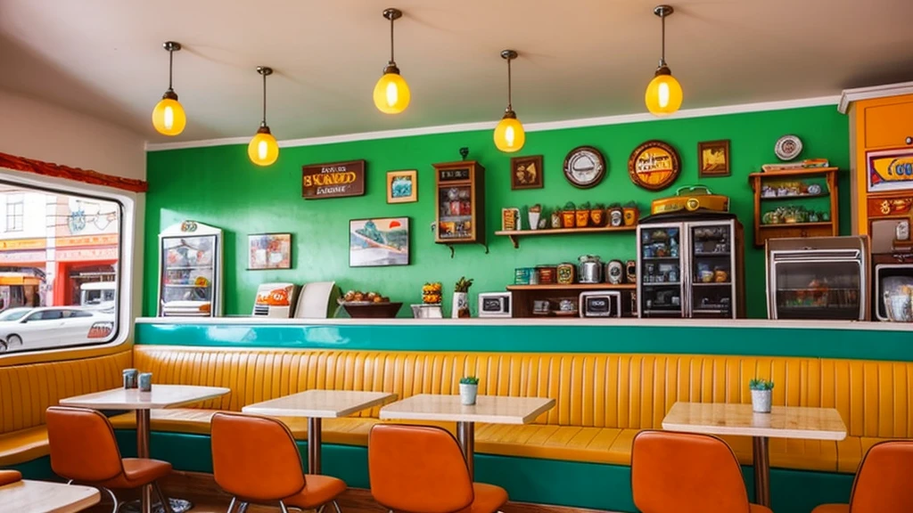 retro cafe interior 70s яркие светлые цвета пастель retro auto pastele colors bright